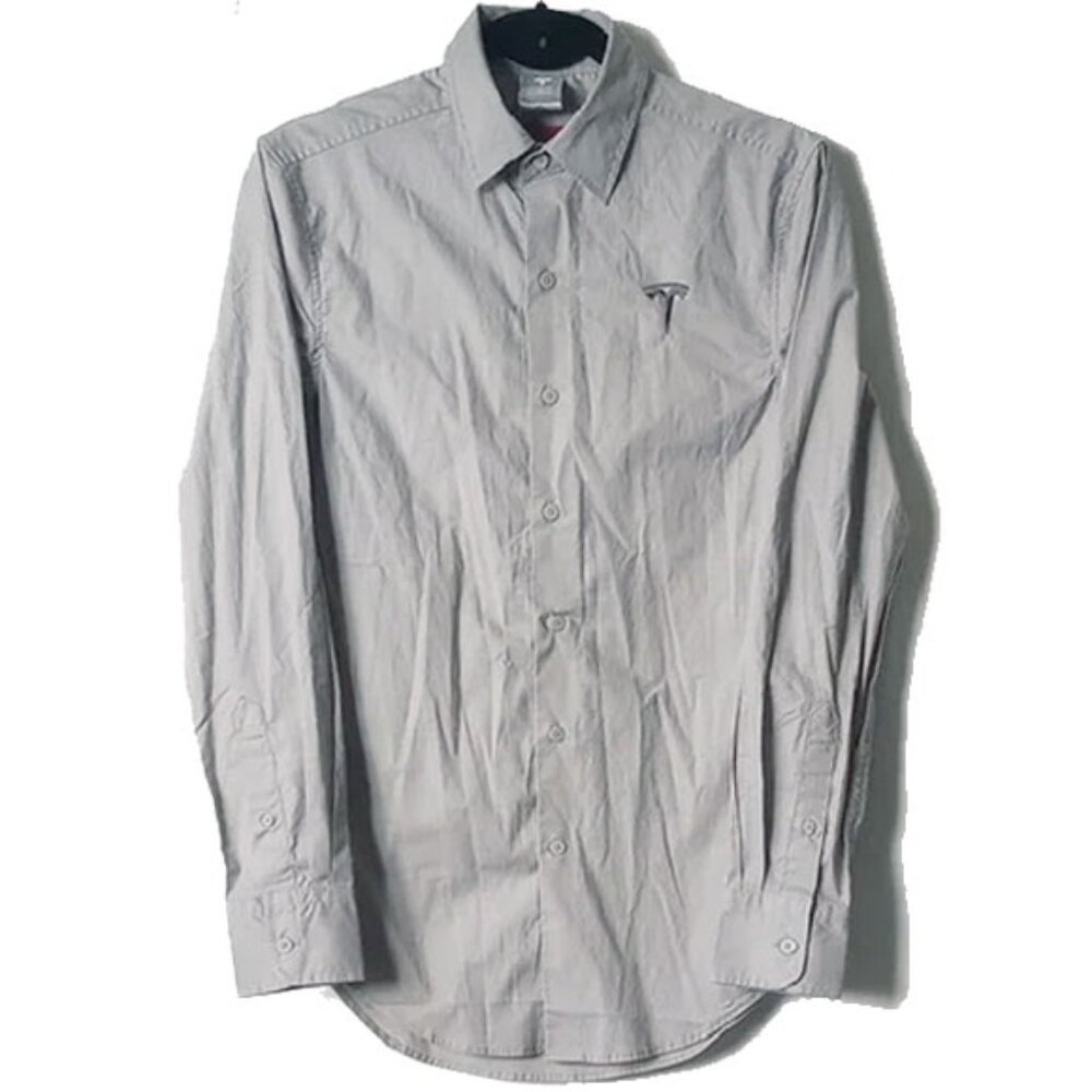 Tesla Stretch Cotton Button Down Shirt XS Gray Black Embroidered Logo